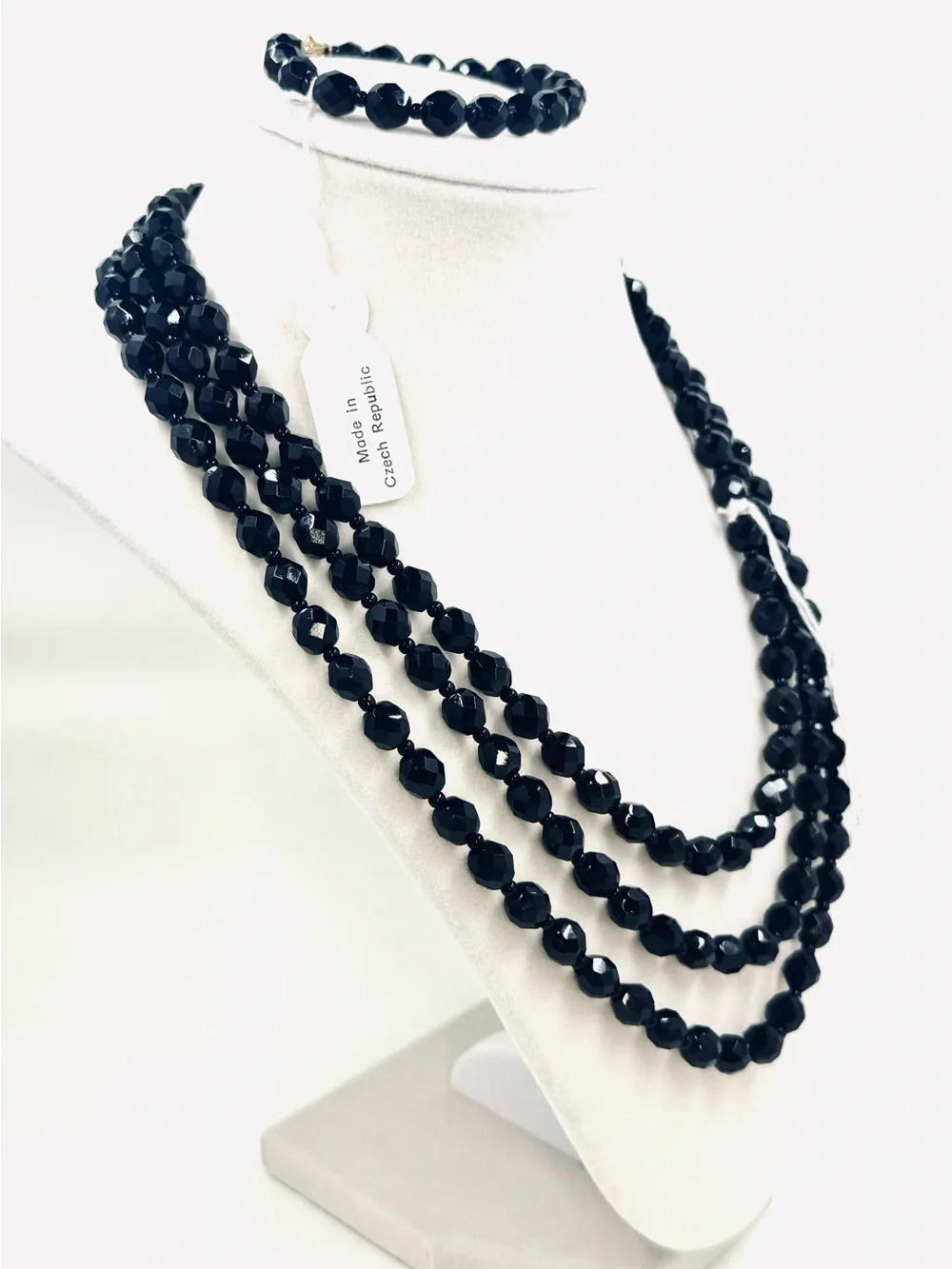 CZECH GLASS 60” Black Faceted Necklace & 7” Bracelet Set NWT